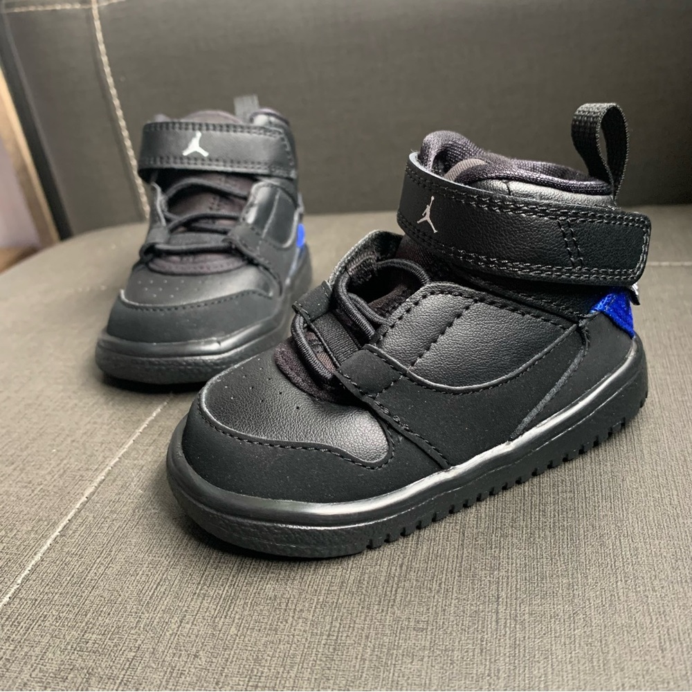Jordan Black and Blue Sneakers with High-Top Design and Velcro Closure